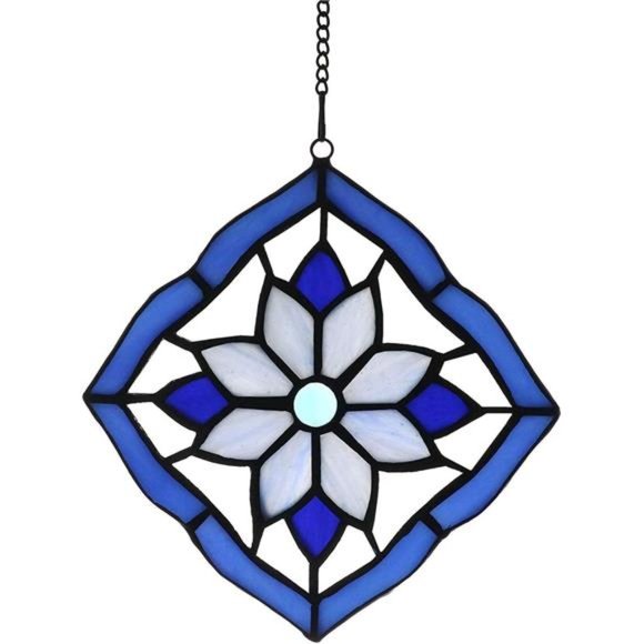 Stained Glass Windows Hanging Suncatchers Flower Blue, 6" x 6" - Picture 1 of 8